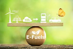 Grafik zu E-Fuels mit Icons von einem Windkraftwerk, PV-Anlage, Co2-Wolke, Tank-Zapfsäule und einem Auto werden auf einer Holzkugel balanciert